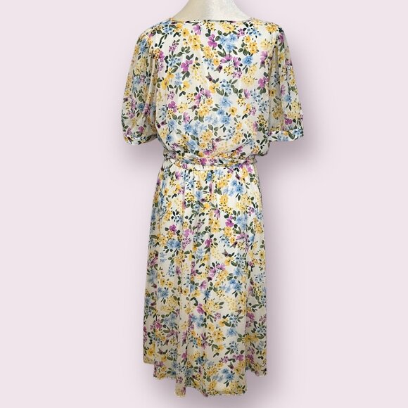 Calvin Klein Women's Midi Dress Floral Short Sleeve Belted Size 14 Elastic Waist - Picture 2 of 11